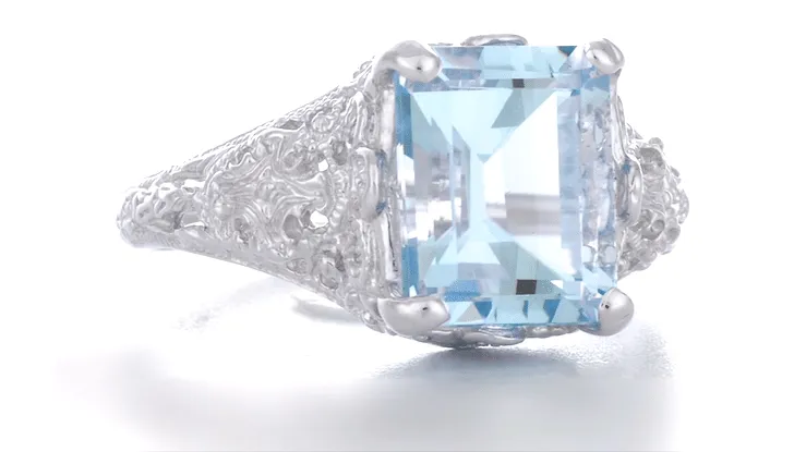 Edwardian Filigree Emerald Cut Blue Topaz Ring in Sterling Silver