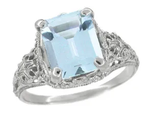 Edwardian Filigree Emerald Cut Blue Topaz Ring in Sterling Silver