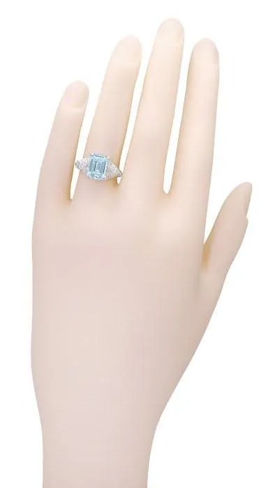 Edwardian Filigree Emerald Cut Blue Topaz Ring in Sterling Silver