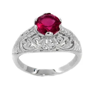 Edwardian Filigree Rubellite Tourmaline Ring in 14 Karat White Gold