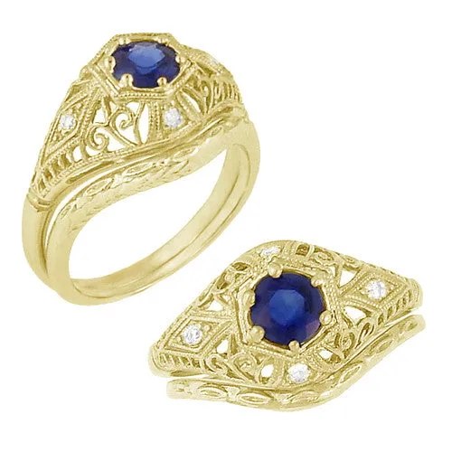 Edwardian Yellow Gold Blue Sapphire and Diamonds Scroll Dome Filigree Engagement Ring