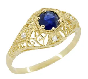 Edwardian Yellow Gold Blue Sapphire and Diamonds Scroll Dome Filigree Engagement Ring
