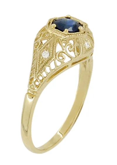 Edwardian Yellow Gold Blue Sapphire and Diamonds Scroll Dome Filigree Engagement Ring