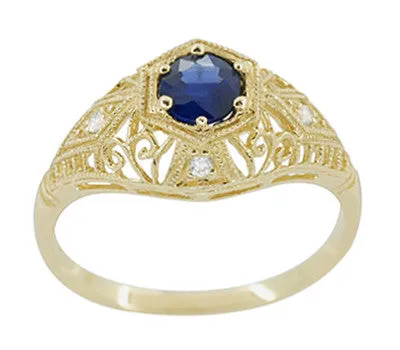 Edwardian Yellow Gold Blue Sapphire and Diamonds Scroll Dome Filigree Engagement Ring