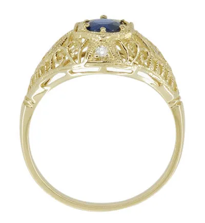 Edwardian Yellow Gold Blue Sapphire and Diamonds Scroll Dome Filigree Engagement Ring