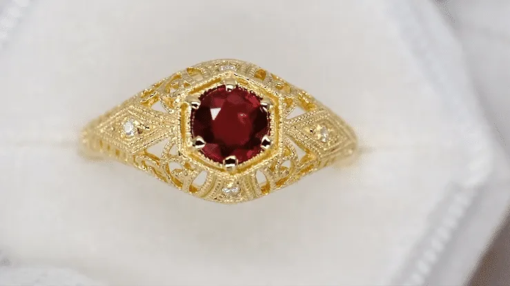 Edwardian Yellow Gold Scroll Dome Filigree Ruby Engagement Ring with Side Diamonds