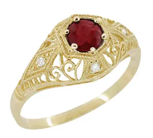Edwardian Yellow Gold Scroll Dome Filigree Ruby Engagement Ring with Side Diamonds