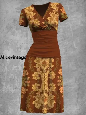 Elegant Baroque Flowers Print V-Neck Short Sleeve Retro Midi Dress