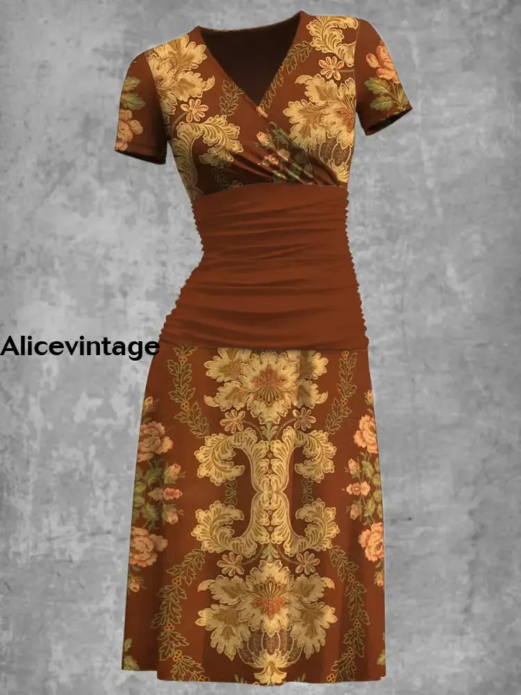 Elegant Baroque Flowers Print V-Neck Short Sleeve Retro Midi Dress