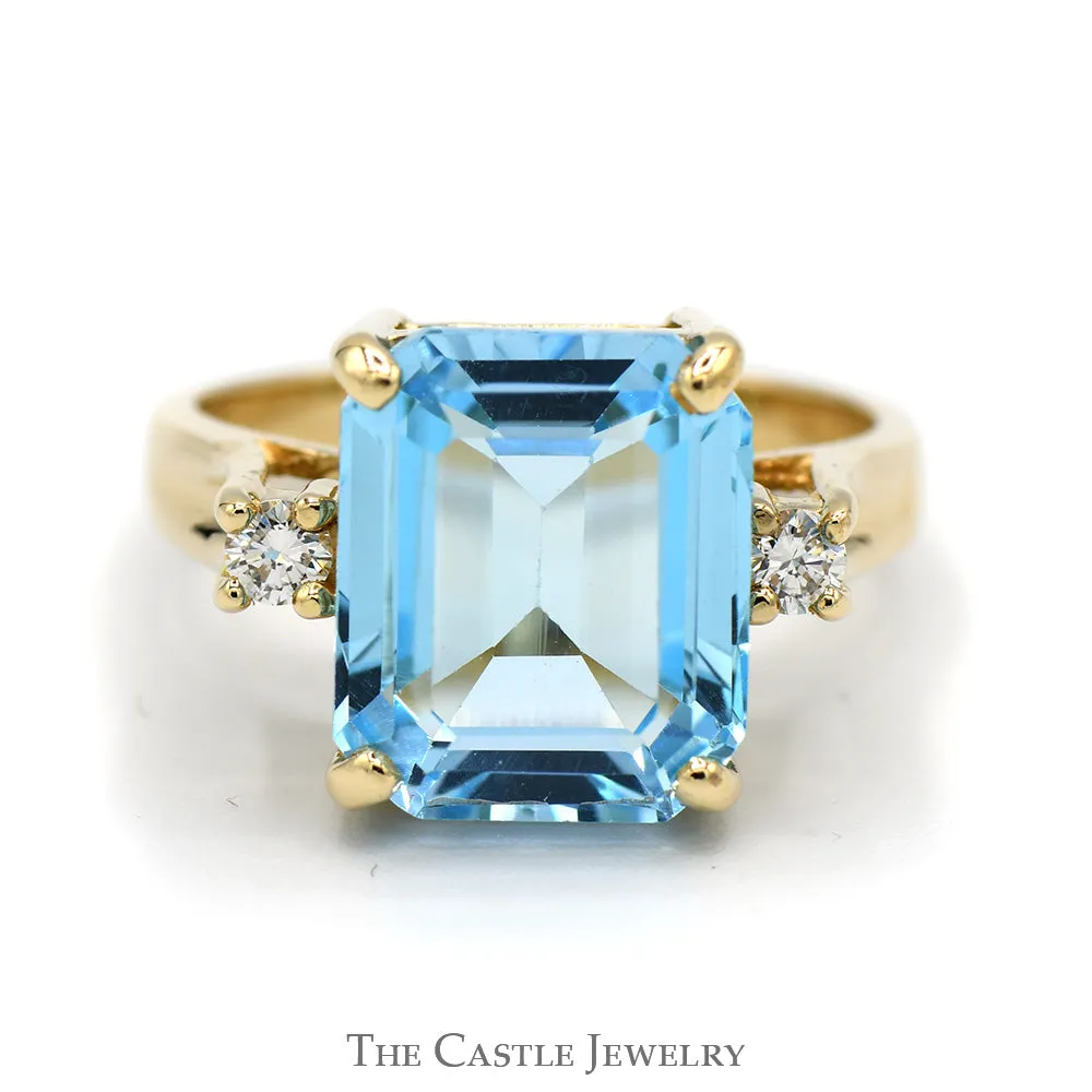 Emerald Cut Blue Topaz Ring with Round Diamond Accents in 14k Yellow Gold