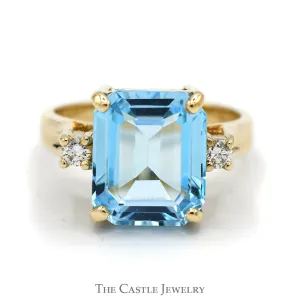 Emerald Cut Blue Topaz Ring with Round Diamond Accents in 14k Yellow Gold