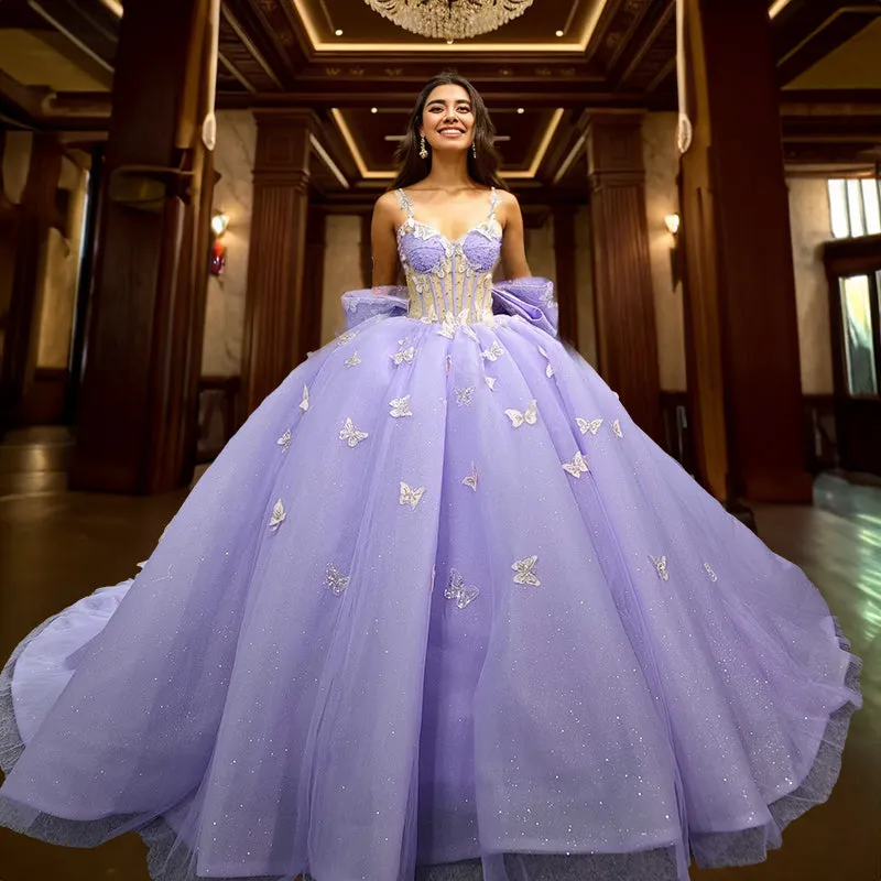 Exquisite Spaghetti Straps Quinceanera Dresses Sleeveless Ball Gown with Butterfly Appliques and Bowknot