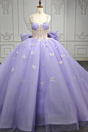 Exquisite Spaghetti Straps Quinceanera Dresses Sleeveless Ball Gown with Butterfly Appliques and Bowknot