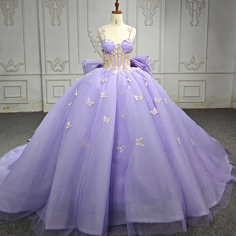 Exquisite Spaghetti Straps Quinceanera Dresses Sleeveless Ball Gown with Butterfly Appliques and Bowknot