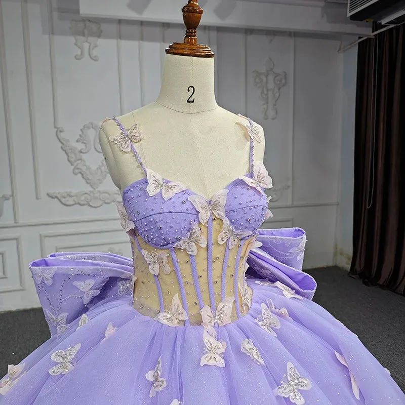 Exquisite Spaghetti Straps Quinceanera Dresses Sleeveless Ball Gown with Butterfly Appliques and Bowknot