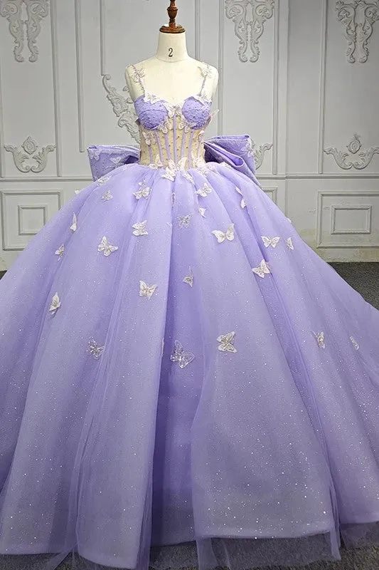 Exquisite Spaghetti Straps Quinceanera Dresses Sleeveless Ball Gown with Butterfly Appliques and Bowknot