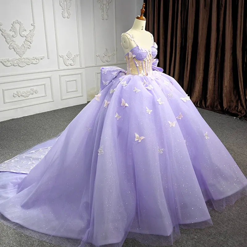 Exquisite Spaghetti Straps Quinceanera Dresses Sleeveless Ball Gown with Butterfly Appliques and Bowknot