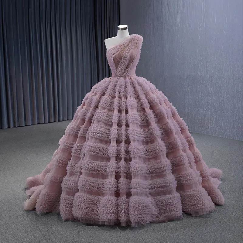 Exquisite Tiered One-Shoulder Sleeveless Ball Gown Evening Party Dresses