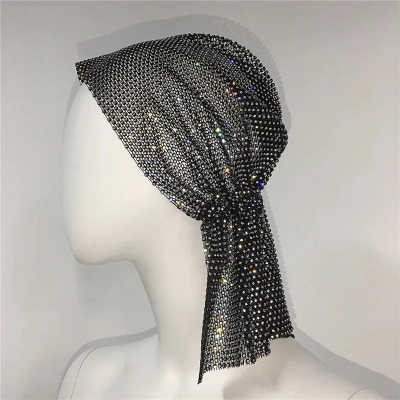 Fashion Women Bandana Hair Band Crystal Rhinestone Fishnet Headscarf Hip Hop Turban Hat Streetwear Muslim Scarf  Accessories