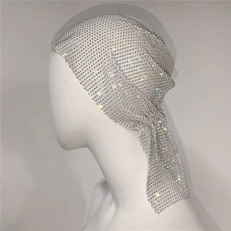 Fashion Women Bandana Hair Band Crystal Rhinestone Fishnet Headscarf Hip Hop Turban Hat Streetwear Muslim Scarf  Accessories