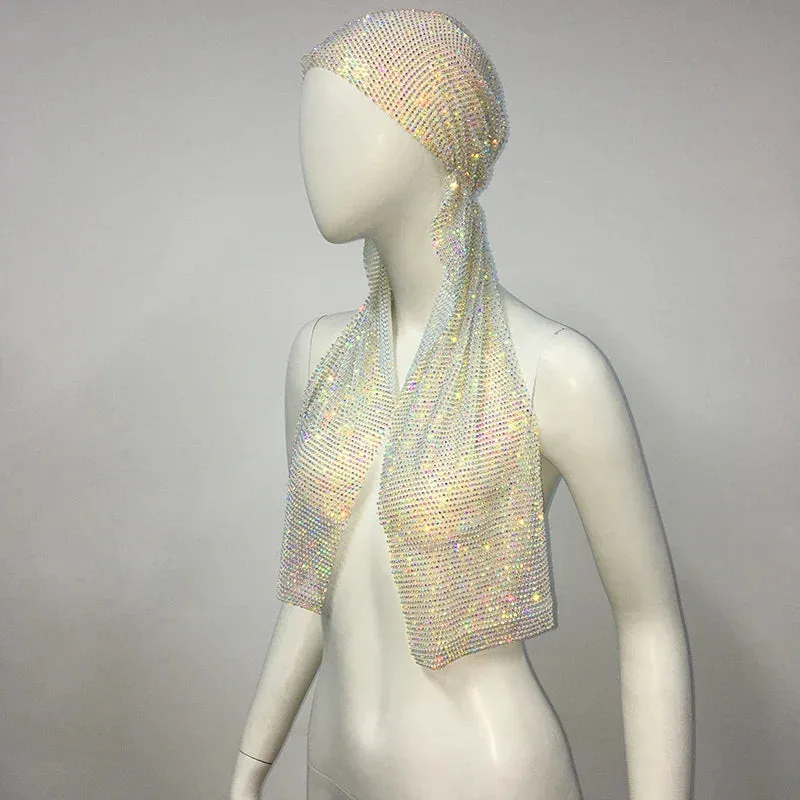 Fashion Women Bandana Hair Band Crystal Rhinestone Fishnet Headscarf Hip Hop Turban Hat Streetwear Muslim Scarf  Accessories