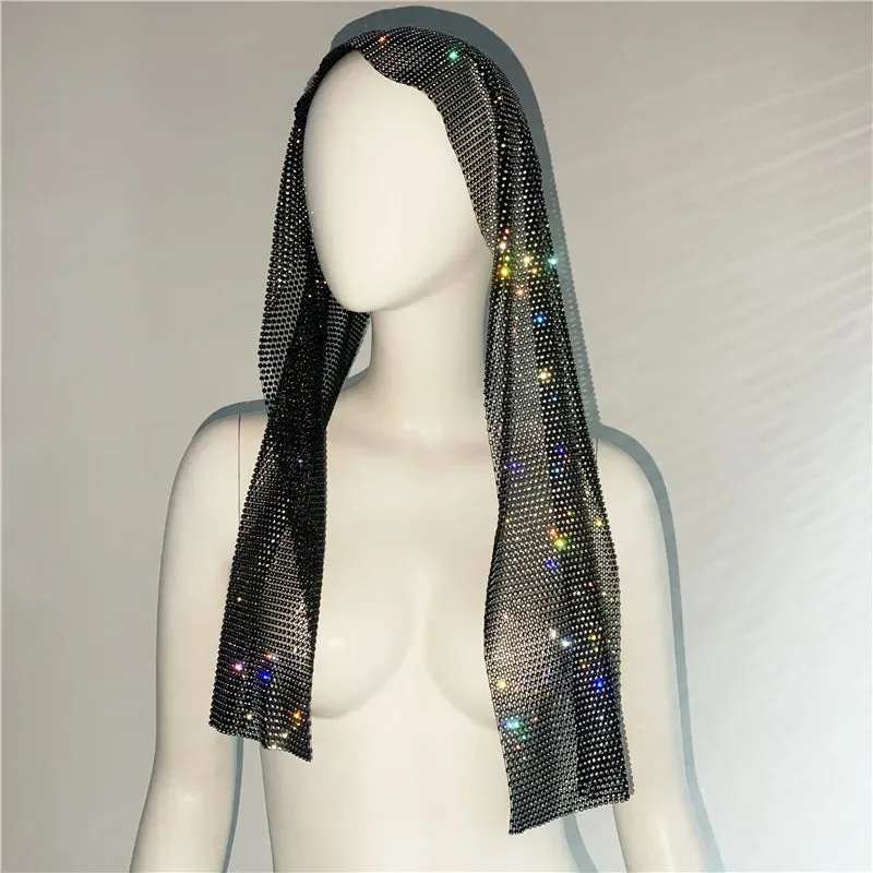 Fashion Women Bandana Hair Band Crystal Rhinestone Fishnet Headscarf Hip Hop Turban Hat Streetwear Muslim Scarf  Accessories