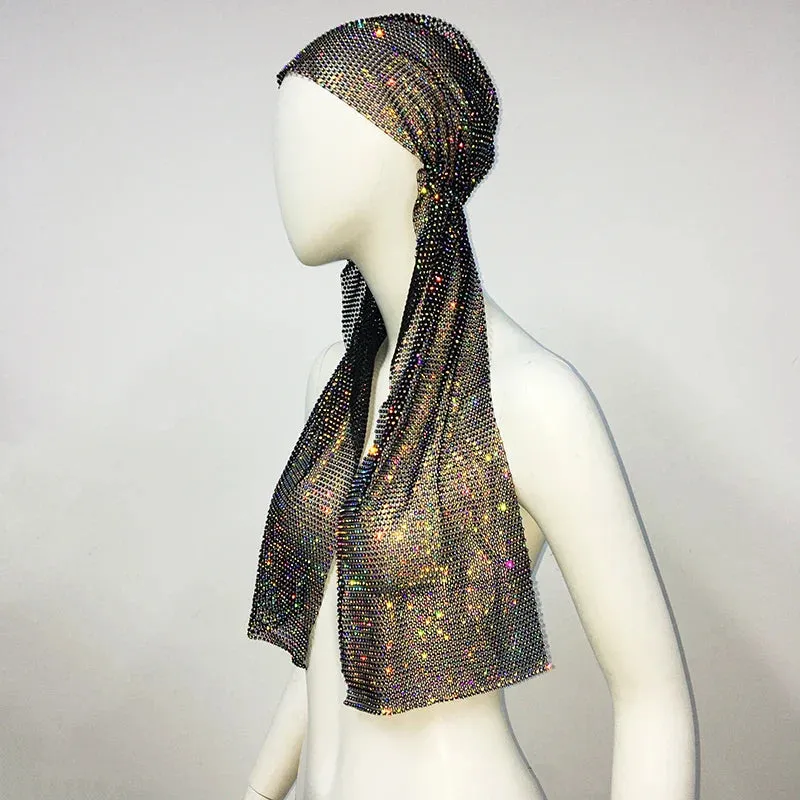 Fashion Women Bandana Hair Band Crystal Rhinestone Fishnet Headscarf Hip Hop Turban Hat Streetwear Muslim Scarf  Accessories