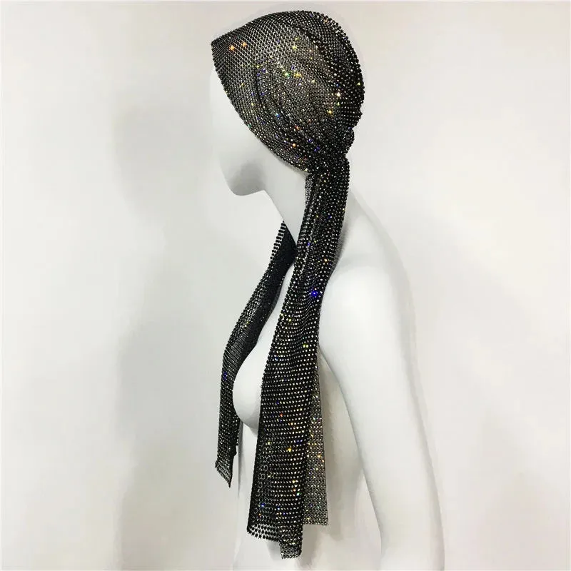 Fashion Women Bandana Hair Band Crystal Rhinestone Fishnet Headscarf Hip Hop Turban Hat Streetwear Muslim Scarf  Accessories