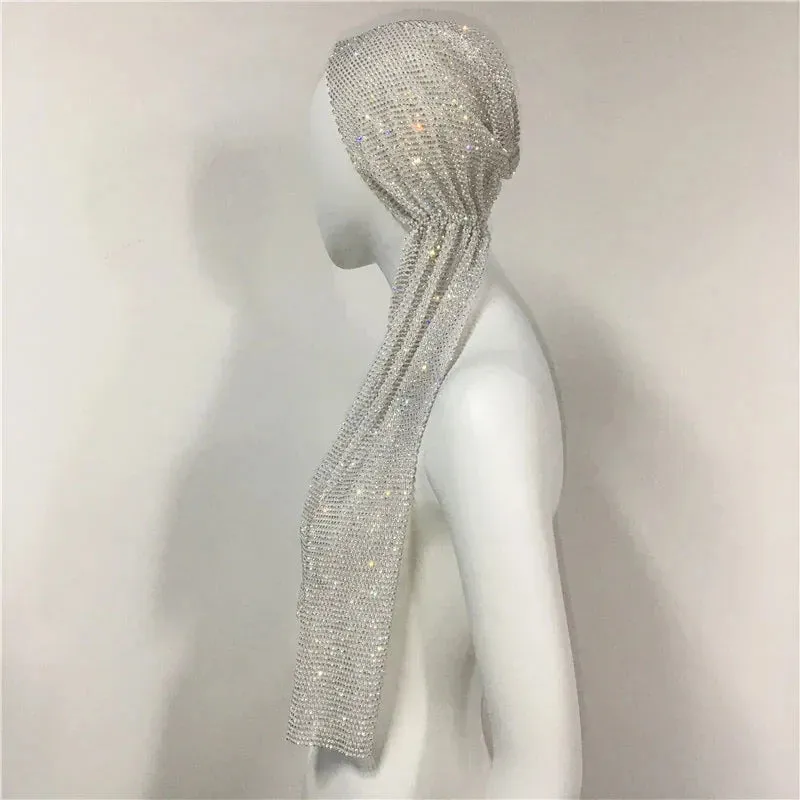 Fashion Women Bandana Hair Band Crystal Rhinestone Fishnet Headscarf Hip Hop Turban Hat Streetwear Muslim Scarf  Accessories