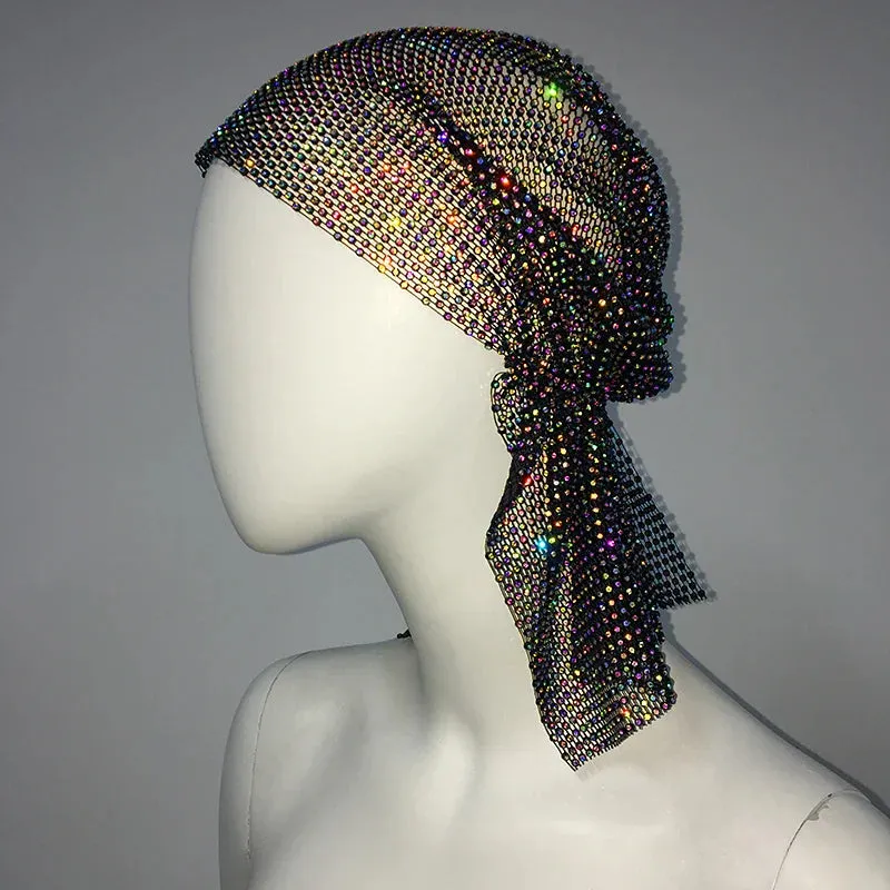 Fashion Women Bandana Hair Band Crystal Rhinestone Fishnet Headscarf Hip Hop Turban Hat Streetwear Muslim Scarf  Accessories