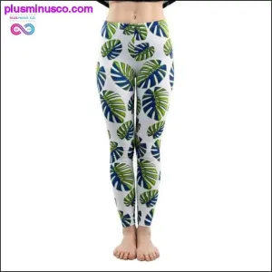 Fashion Women Trend Green Leaves Pattern White Leggings