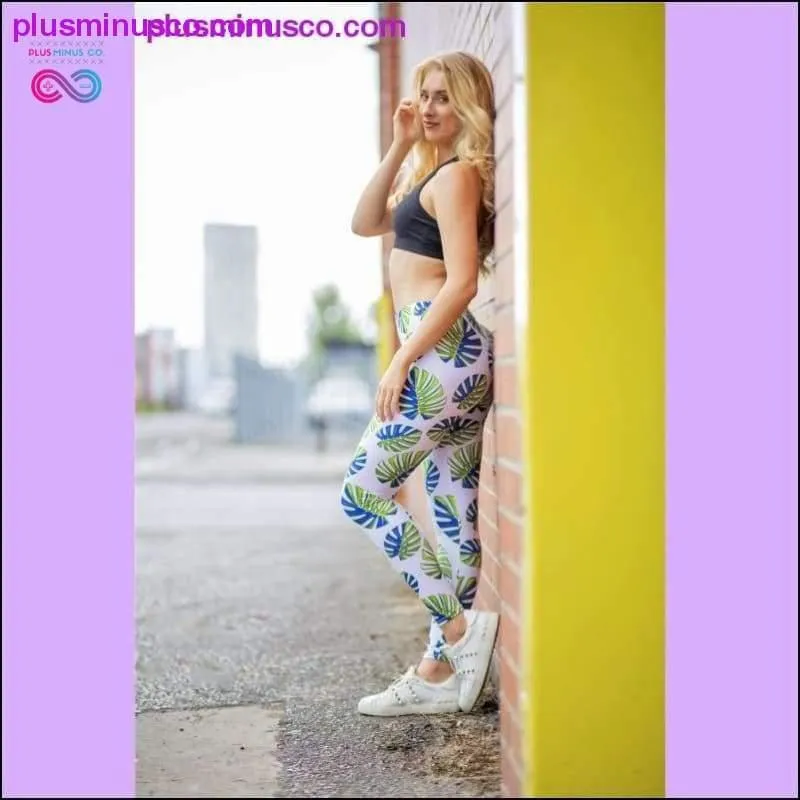 Fashion Women Trend Green Leaves Pattern White Leggings