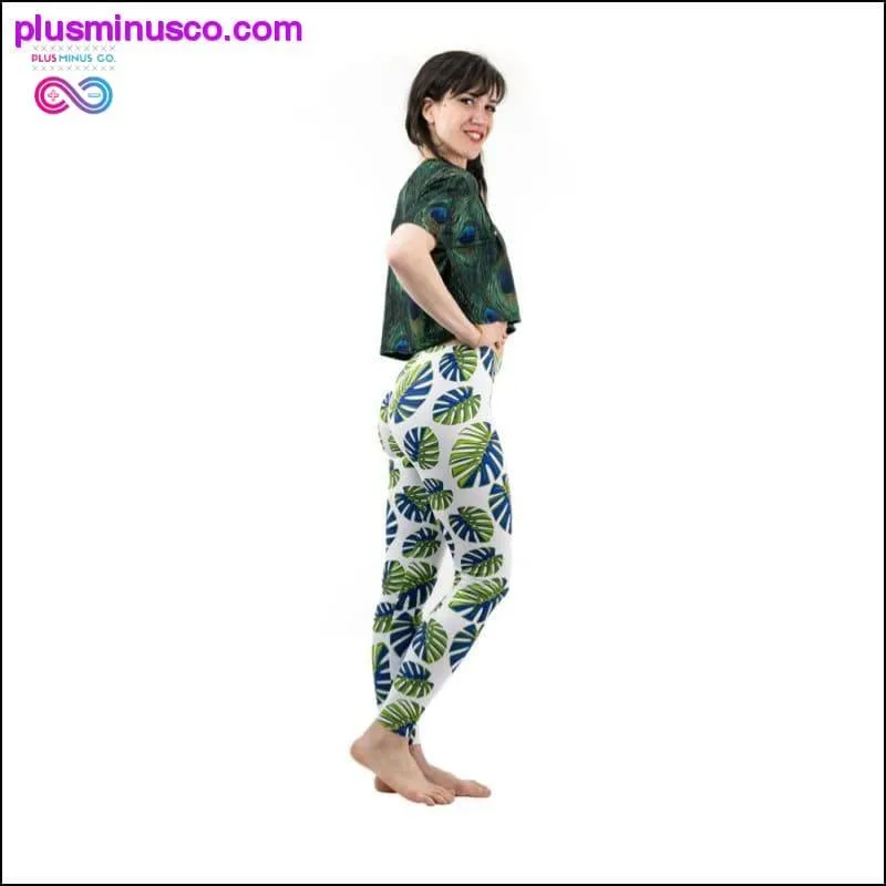Fashion Women Trend Green Leaves Pattern White Leggings