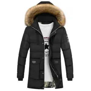 Faux Fur Collar Pockets Zip Up Down Coat - Black 3xl