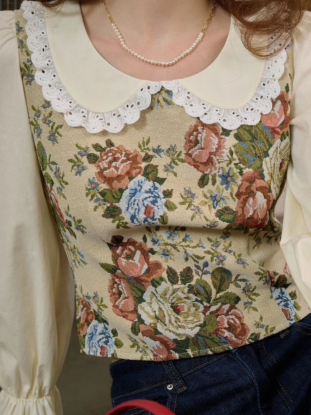 【Final Sale】Coraline Lace Doll Collar Bell Sleeves Floral Patchwork Eedwardian Style Top