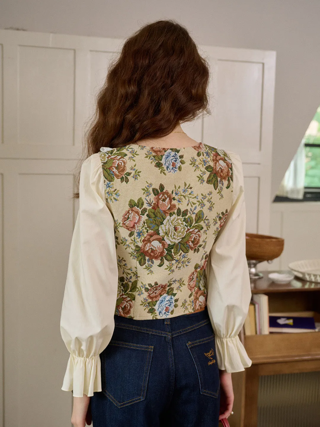 【Final Sale】Coraline Lace Doll Collar Bell Sleeves Floral Patchwork Eedwardian Style Top