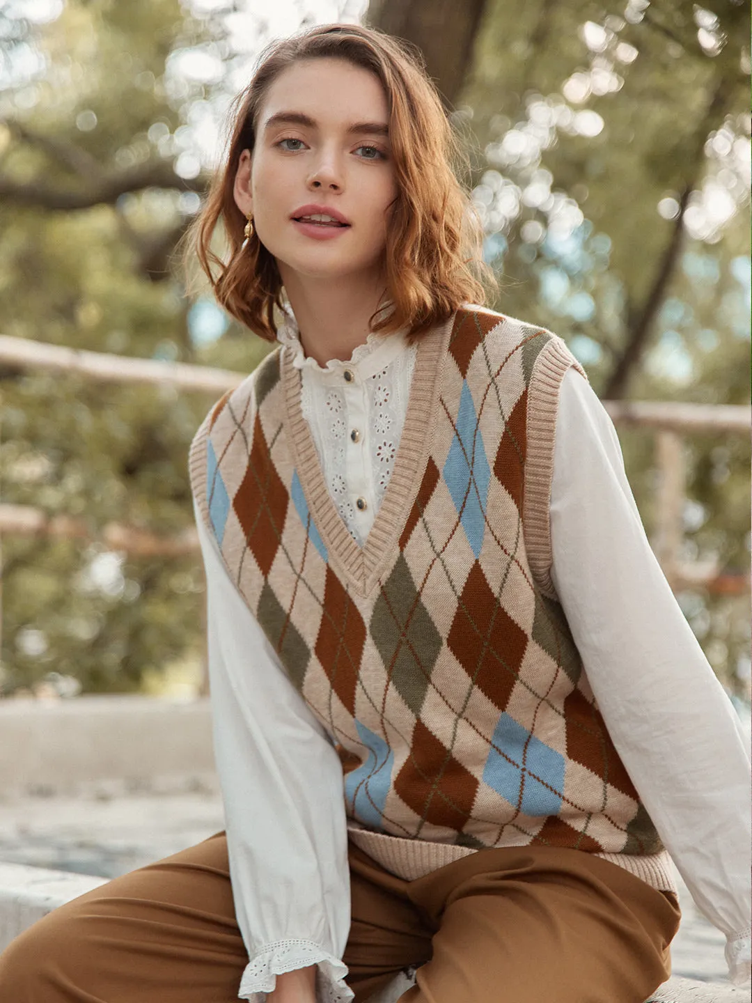 【Final Sale】Jolene Argyle Patterned Knit Vest Sweater