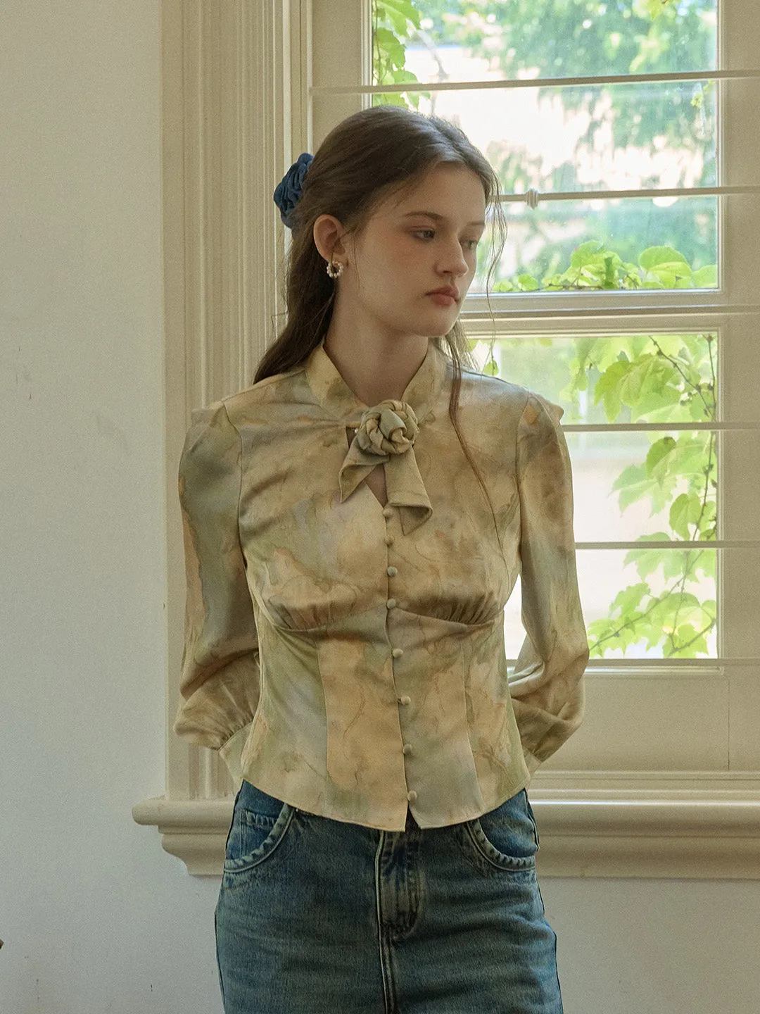 【Final Sale】Melina Retro Oil Painting Print V-Neck Lace-Up Lantern Sleeve Satin Blouse