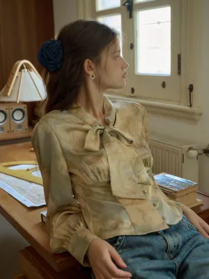 【Final Sale】Melina Retro Oil Painting Print V-Neck Lace-Up Lantern Sleeve Satin Blouse