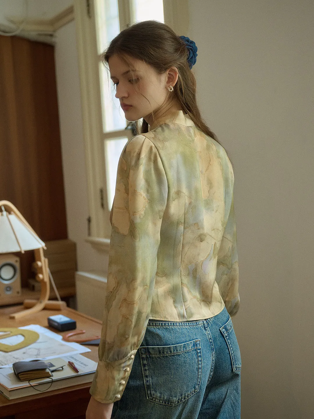 【Final Sale】Melina Retro Oil Painting Print V-Neck Lace-Up Lantern Sleeve Satin Blouse