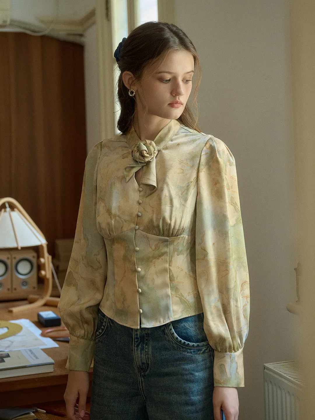 【Final Sale】Melina Retro Oil Painting Print V-Neck Lace-Up Lantern Sleeve Satin Blouse