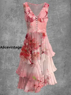 Floral Art Print Sleeveless V-Neck Button Up Retro Midi Dress