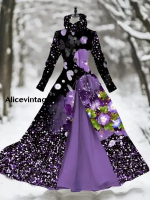 Floral Art Print Vintage Elegant Long Sleeve Fake Two Piece Maxi Dress