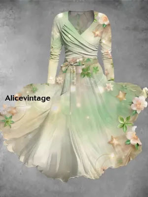 Floral Art Print Vintage V-Neck Long Sleeve Two-Piece Midi Dress