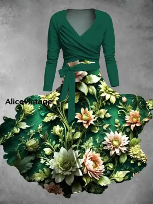 Floral Art Print Vintage V-Neck Long Sleeve Two-Piece Midi Dress