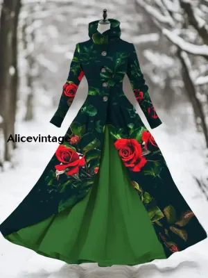 Floral Print Vintage Elegant Long Sleeve Maxi Dress Fake Two Piece Dress