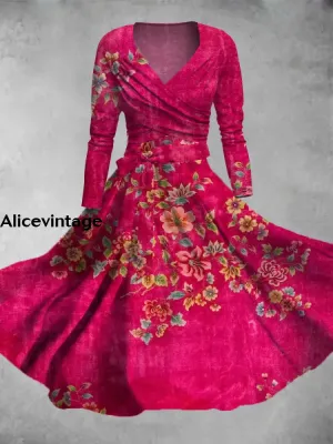 Floral Print Vintage V-Neck Long Sleeve Two-Piece Midi Dress