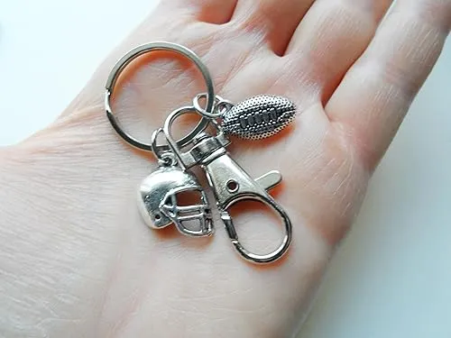 Football Charm Keychain with Small Football Charm, Helmet Charm & Swivel Clasp; Football Team Player Keychain
