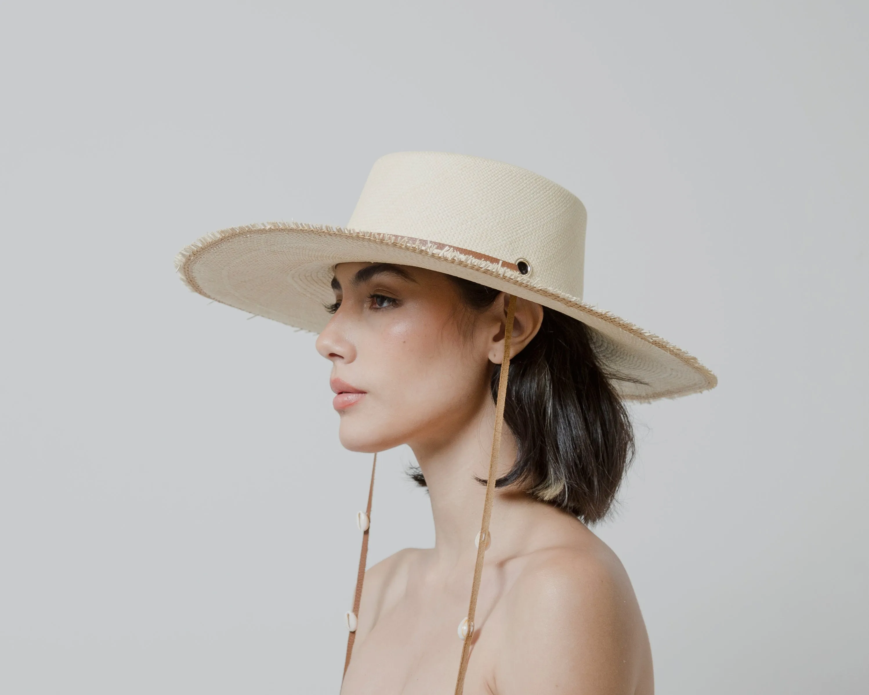 Frayed Cordovan Long Brim Hat With Shells