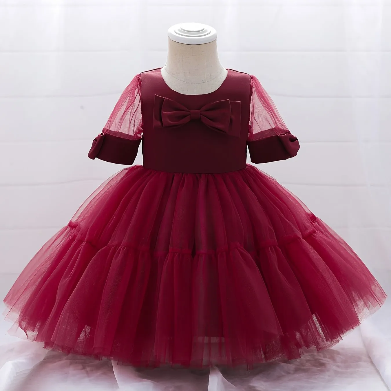 Girls Elegant Bowknot Decor Short Sleeve Mesh Princess Dress Clothes